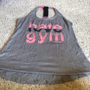 Workout tank top gray and white stripes with pink writing